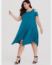 Torrid Mini Challis Cold Shoulder Handkerchief Hem Dress Teal Sz 2 NWT
