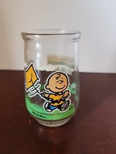 Welch’s Peanuts Glass Jelly Jar #3 Lets See If It Flies Charlie Brown Sally Vtg