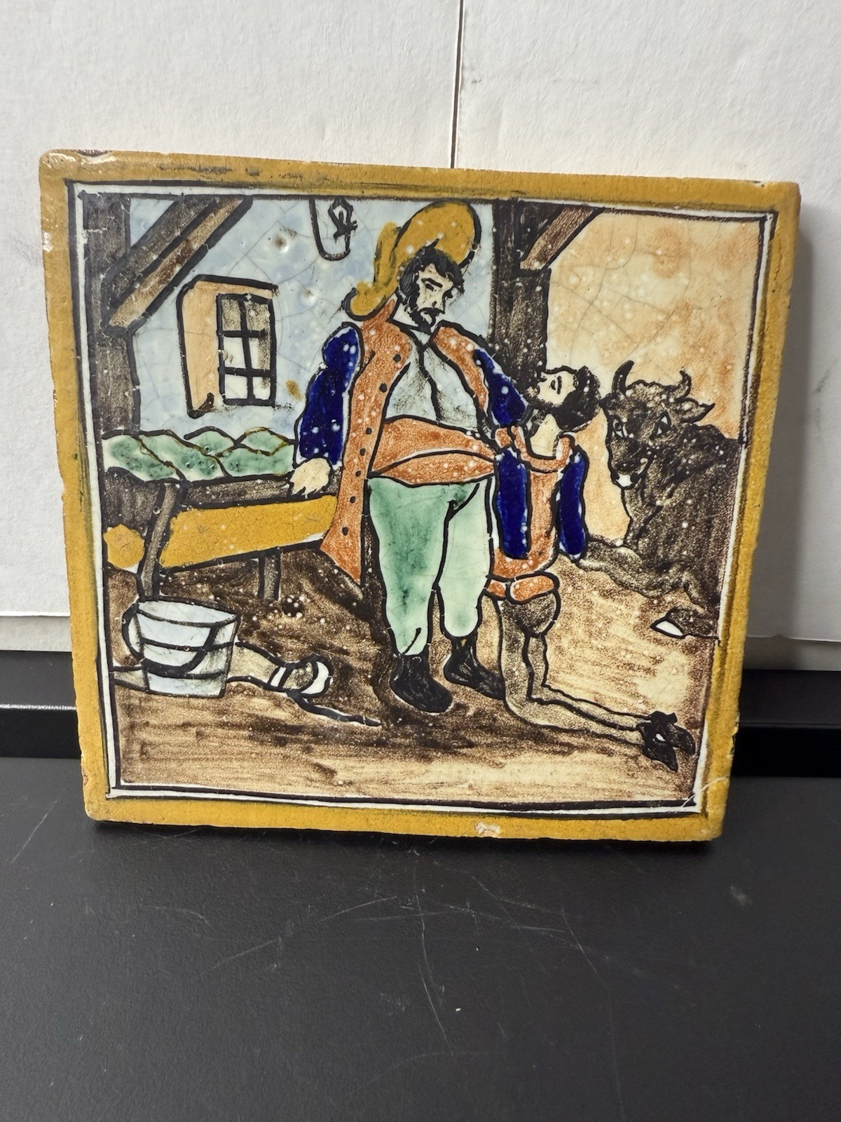 TALAVERA CERÁMICA MEXICANA AZULEJO ESCÉNICO GUEVARA HNOS ARCO A REY CON TORO DE COLECCIÓN