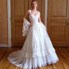 Vintage Victorian A-Line Wedding Dress Straps Lace Tulle Long Boho Bridal Gowns