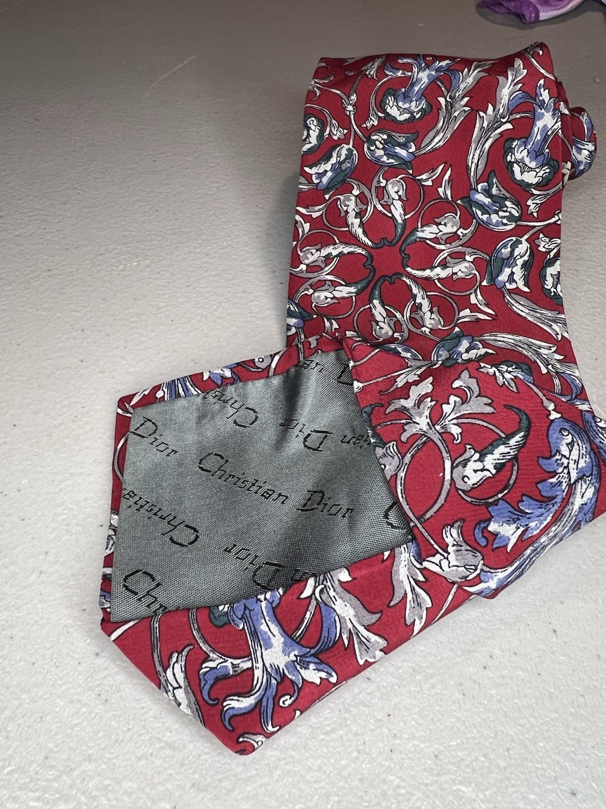 Christian Dior Vintage Silk Tie Red Blue Floral Designs Made In USA thumbnail 2