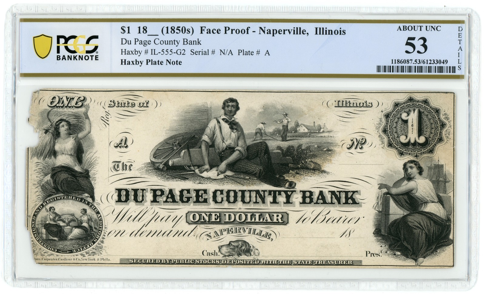1850s Du Page County Bank Naperville IL $1 Proof PCGS 53 Detail Haxby Plate Note