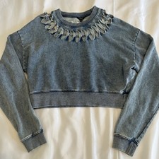 GUESS Cropped Denim Print Cut Hope Detail Long Sleeve Pullover Sweatshirt Large