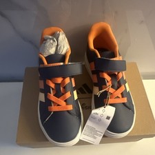adidas Grand Court Unisex Kids Sneaker Navy/Orange/White Leather Low Top Sz 2