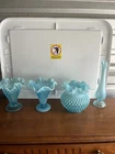 Blue Hobnail Glass Vase Lot, 4pc Decorative Light Blue Ruffled Vases