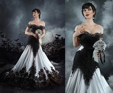 Victorian Gothic Punk Wedding Dress One Shoulder Black and White Corset Mermaid