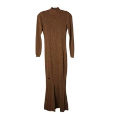 Ronny Kobo Dress Sheer Metallic Long-Sleeve Mock Neck Bronze Size XS *READ FLAW*