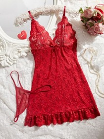 Women's Sexy-Lingerie Babydoll Sleepwear Christmas Lace Dress G-string Nightwear