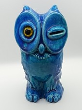 RARE Vintage Blue Glaze Intentional Crazing Haeger Winking Owl Coin Bank #8036