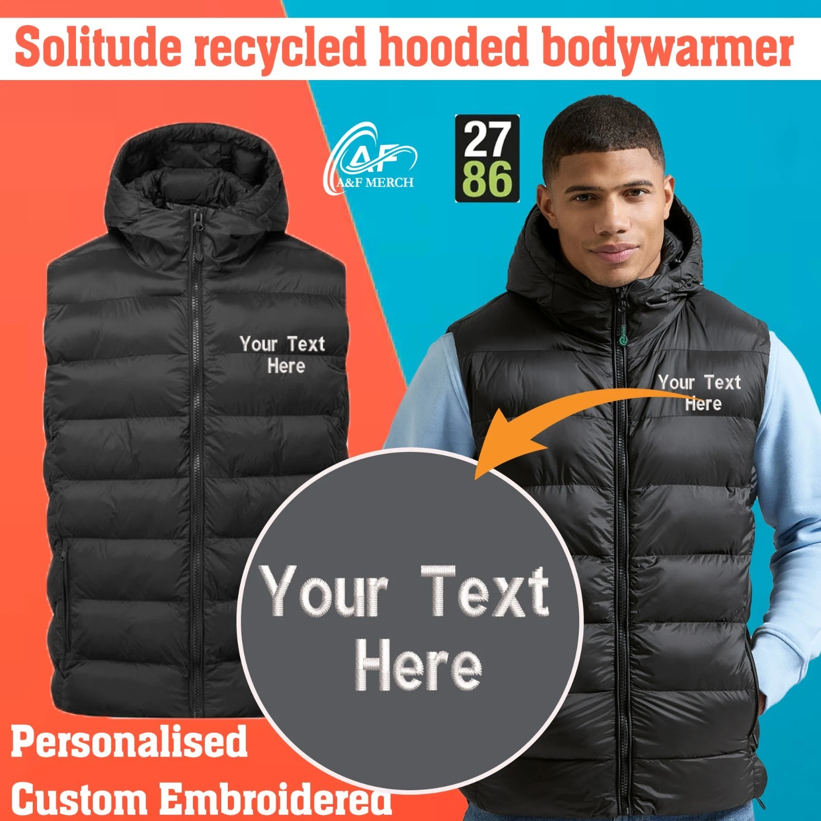 Personalised Embroidered Solitude Recycled Hooded Bodywarmer TS004