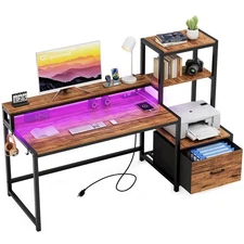 GreenForest Office Desk with Power Outlets and Printer Shelf, 59 inch Computer