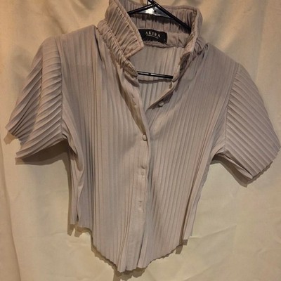 Grey Micro-Pleated Crop Top - large Avant Garde dark academia  ruffled collar
