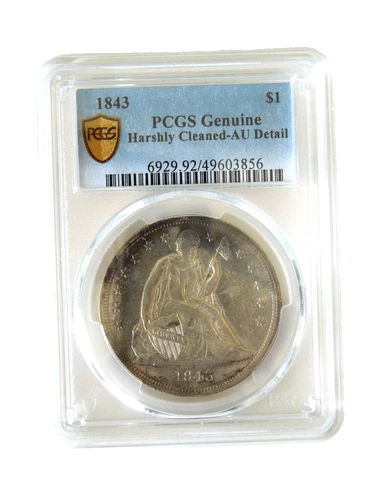 PCGS Certified 1843 Seated Liberty Silver Dollar, AU Details, Harshly Cleaned