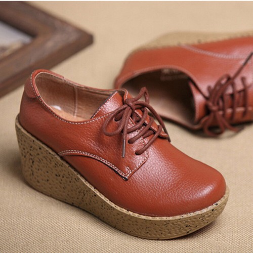 Women's Platform Increased Wedge Heel loafers Casual Lace Up Round Head Shoes - Picture 4 of 16