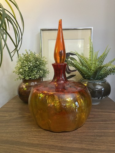 Vintage Blenko #6417 Tangerine Pumpkin Decanter w/ Flame Stopper *Read, Flaws* - Picture 2 of 24