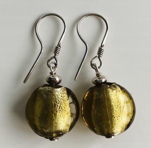 New Venetian Glass Sterling Silver Dangling Earrings Sphere Champagne + Gift Bag - Picture 1 of 3