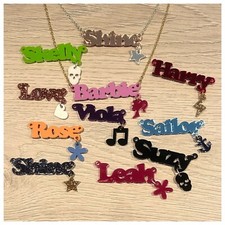 Personalised name necklace with dangling charm. Laser cut acrylic, custom design