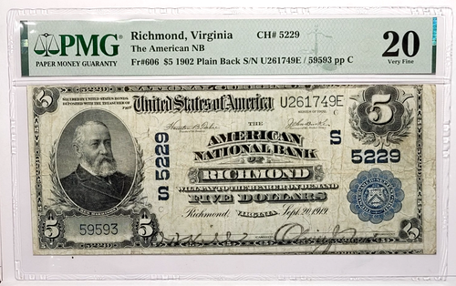 1902 $5 Dollar American National Of Richmond Virginia PMG VF 20 FR# 606 - Picture 3 of 5