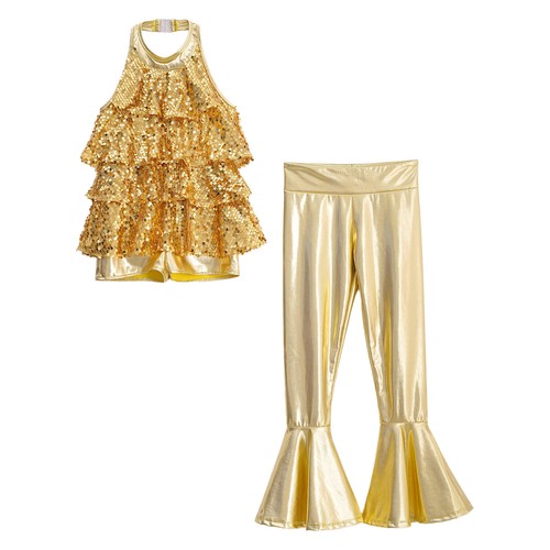 Kids Girls Leotard And Pants Sequin Bodysuit Latin Unitard Metallic Ruffled Hem - Bild 6 von 36