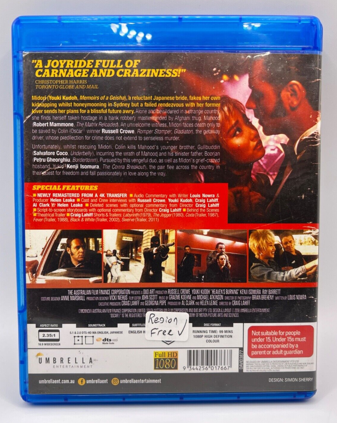 HEAVEN'S BURNING Blu-ray Umbrella Ent. 90s Russell Crowe Region Free