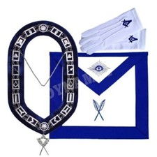 Masonic Regalia Blue Lodge Officer Secretary Apron, Silver Chain Collar  Gloves