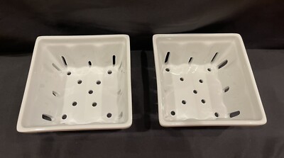 TWO Crate & Barrel White Ceramic Berry Baskets Colander Farmers Market Farmhouse