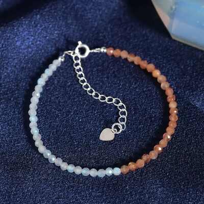 Sunstone & White Moonstone 3mm Beads Healing Reiki Dainty Women Crystal Bracelet