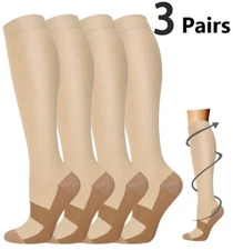 3 Pairs Copper Compression Socks 20-30mmHg Knee High High Energy Support Recover