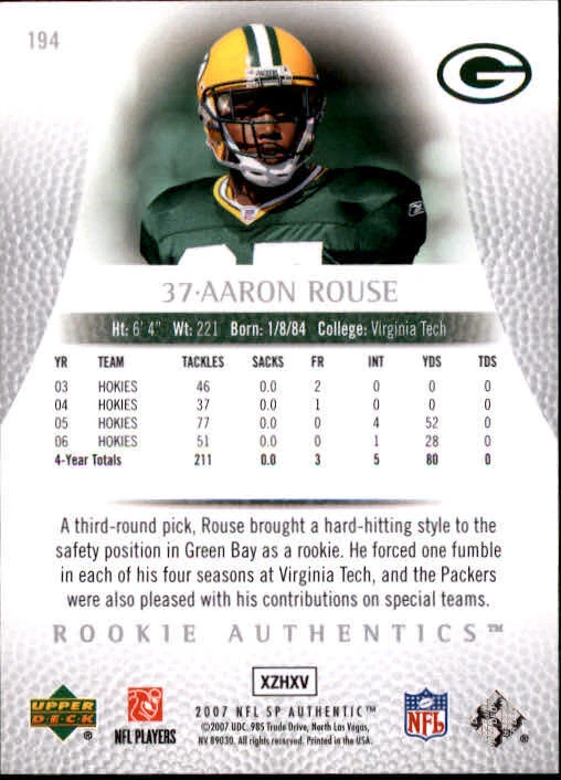 B0364- 2007 SP Authentic #194 Aaron Rouse RC /999 - NM-MT - Image 2 of 2