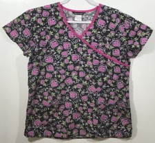 Scrub Top women size S Small by Samantha Mara hearts locks keys roses pink black