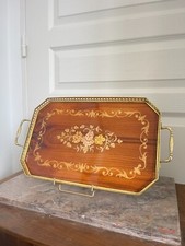 Ancien Plateau Service Bois Marqueterie Laiton Italien SORRENTO Vintage 36x23cm