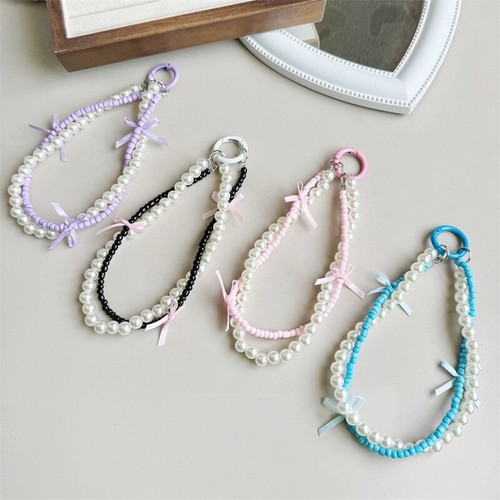 Bow Pearl Beads Phone Lanyard Double Chain Anti-Loss Phone Straps Wristband GS - Zdjęcie 12 z 17