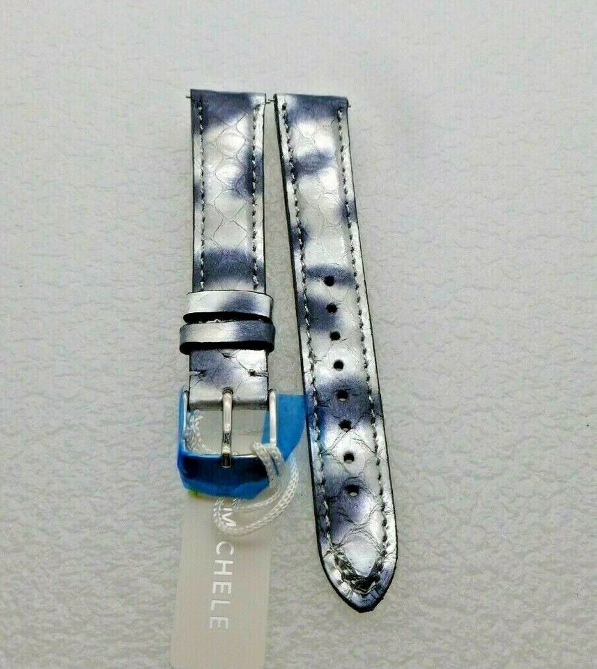 Correa de reloj Michele genuina de piel de serpiente plateada y azul de 16 mm nueva Foto 3 de 4