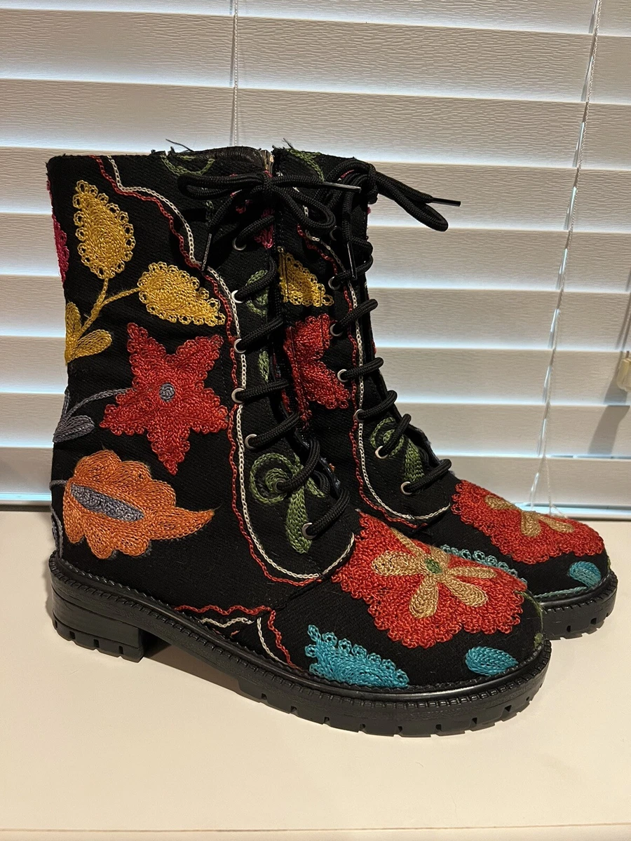 Babet ta Embroidered Ladies Chunky Combat Boots 8 1 2 eBay