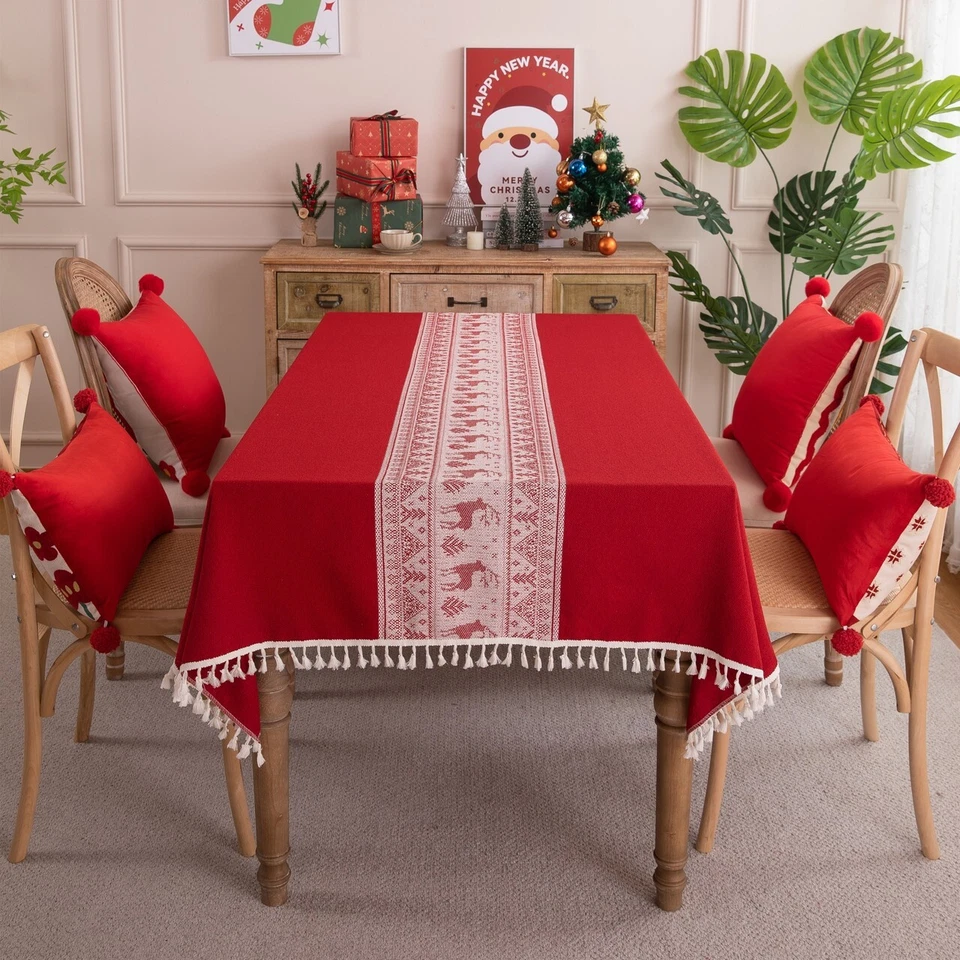 High Quality Washable Cotton Linen Wrinkle Free Christmas Tablecloth with Tassel - Image 2 of 4