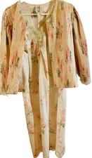 VTG Eve Stillman Pink Flower Lace Pearl Long Nightgown Peignoir Robe Jacket L
