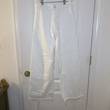 Zara White Raw Hem Straight Leg Jeans Size 6 High Rise Frayed Hem Denim