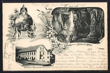 AK Hazel, Guest House zur Erdmannsh�hle, Haseler cave with dwarfs at the entrance 
