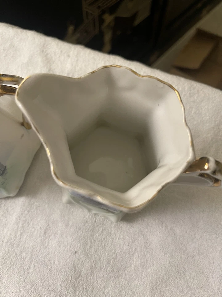 Crema y azucarero de colección bellamente pintado a mano motivo de velero azul alemán Foto 3 de 4