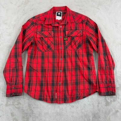 G-Star Raw Deck Check Shirt in Red Buffalo Plaid Men XL Zip Up Snap Buttons