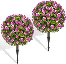 Artificial Plants Outdoor Boxwood Topiary Ball Trees with Flower Set of 2, UV Re