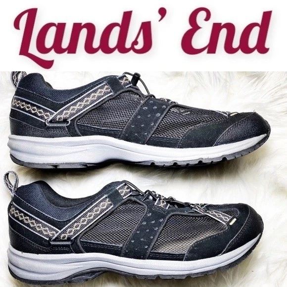 Lands End Mens 10D NWOB Black Grey Mesh Bungee Trail Hiking Shoes