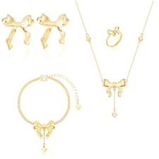 Golden Bow Necklace Earrings Ring Bracelet for Women,4Pcs golden color
