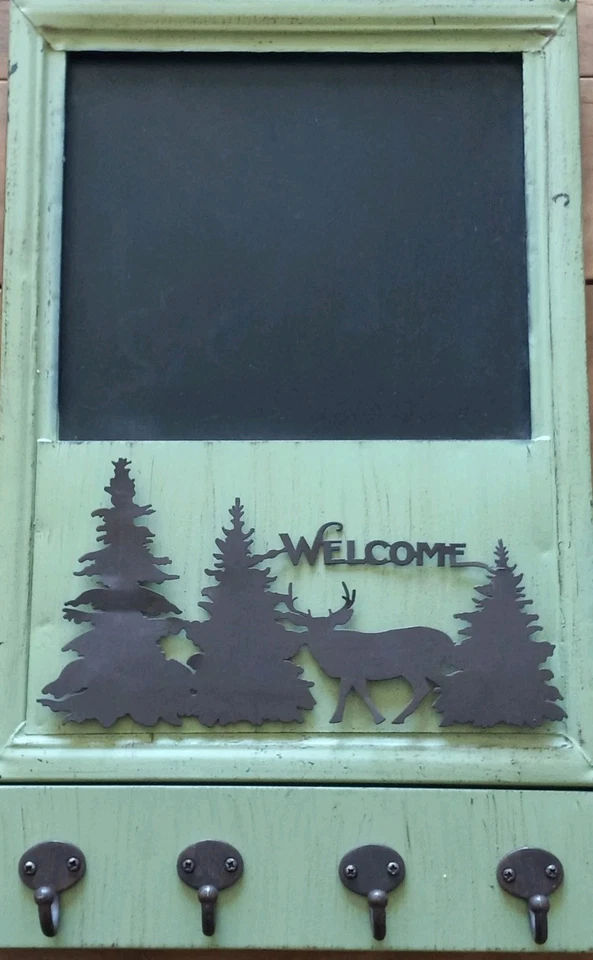 Rustic Style Metal "Welcome" Frame W/ Chalkboard, Hooks,Deers & Pine Trees - Image 3 of 4