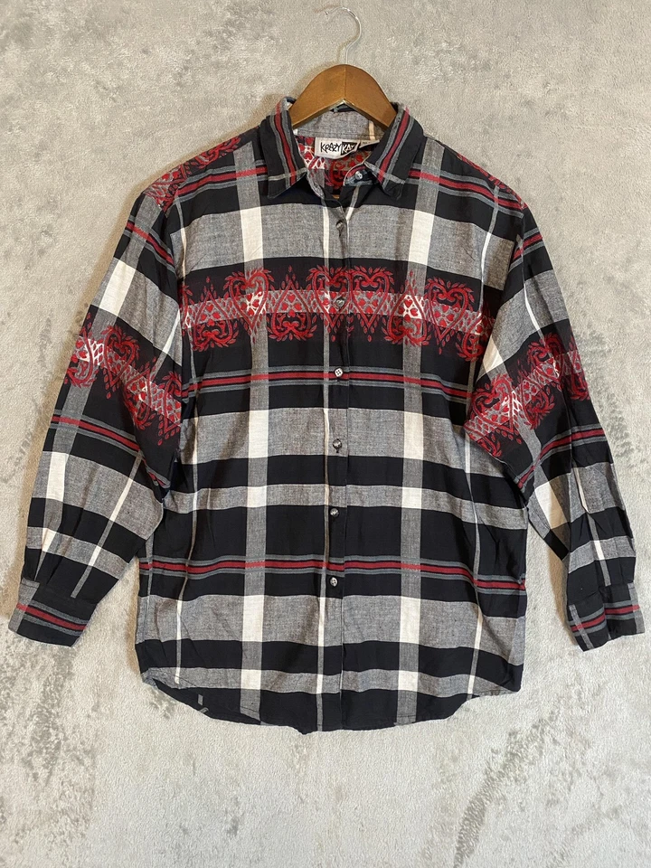 Camisa Krazy Kat Vintage Mujer Talla M Negra Gris Cuadros Bordados Corazones Años 90 Folk Foto 2 de 4