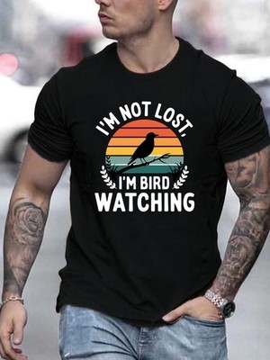 Men's Casual I'm Not Lost, I'm Bird Watching Graphic Tee - Royal Blue Polyester