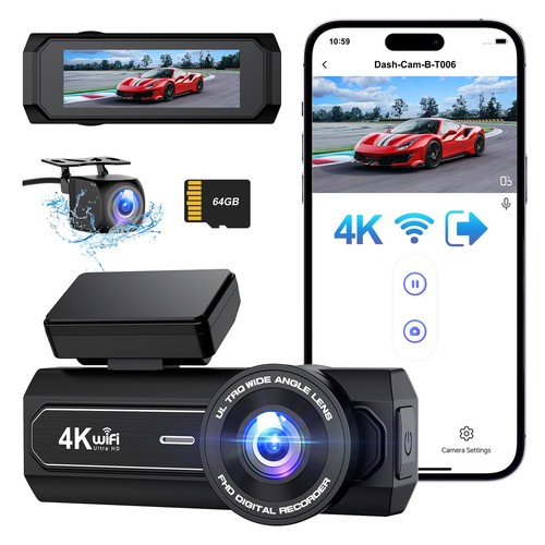 4K Dash Cam Front and Rear, WiFi Dash Camera for Cars with App, UHD 2160P Nig...