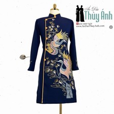 Navy Blue Embroidery Vietnamese Ao Dai for Men, Ao Dai Nam, Ao Dai Chu Re TA171