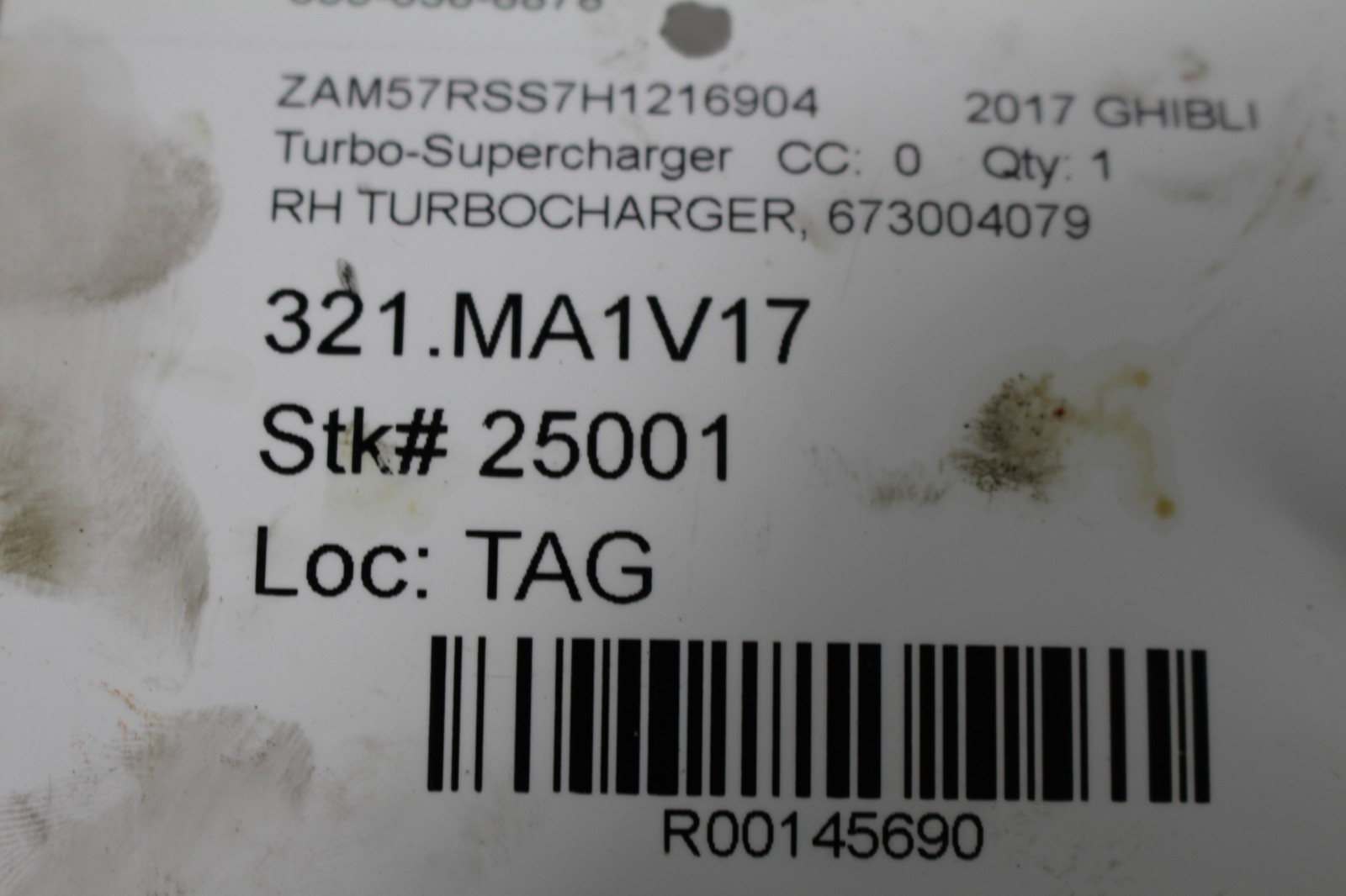 Maserati Ghibli, Quattroporte, RH, Turbo-Supercharger, Used, P/N 297710