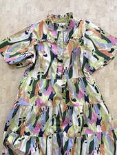 THML Anthro Dress Colorful Geometric Flutter Sleeve Tiered Swing Vacation Sz XS